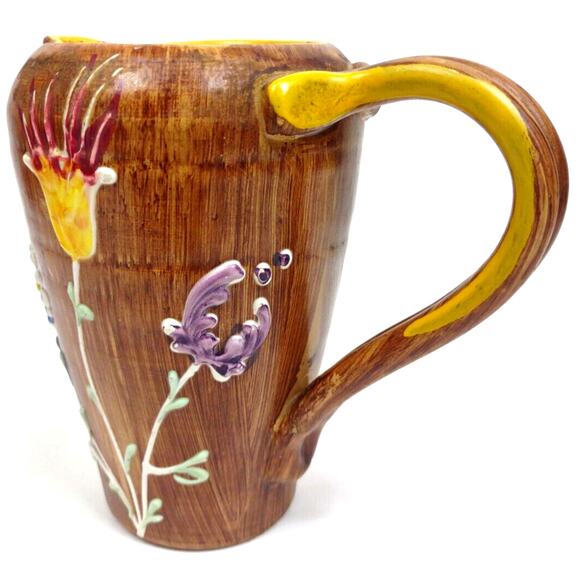 Italian Pottery Hand Painted Pitcher Raised Relief Flowers Brown Faux Wood - Picture 1 of 10